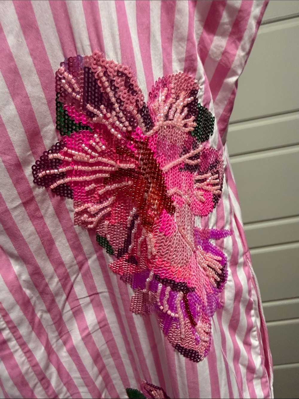 QUEEN OF SPARKLES Pink Striped azalea Midi with Hot Pink Sequin Flowers - Picture 7 of 7